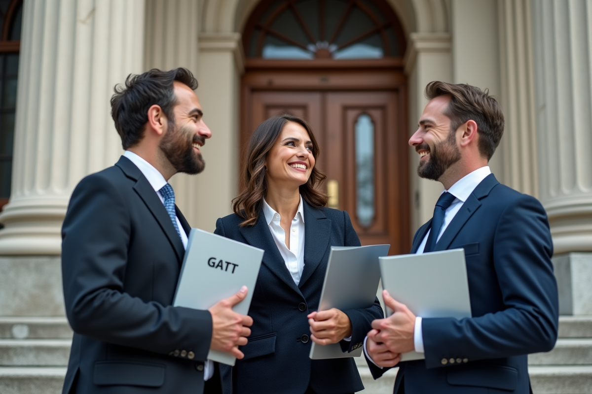 Groupe de professionnels devant un courthouse historique