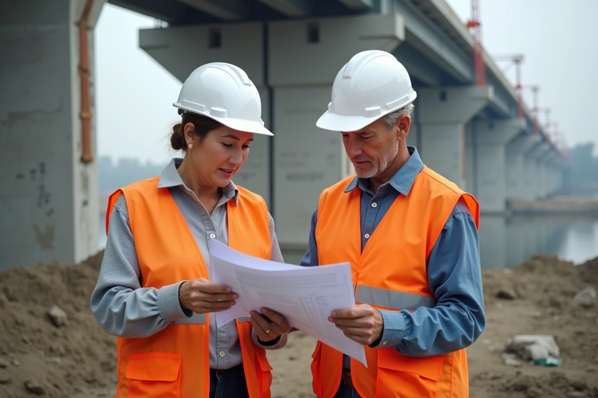 Deux professionnels des travaux publics examinant un rapport d'indexation de marché sur un chantier de génie civil