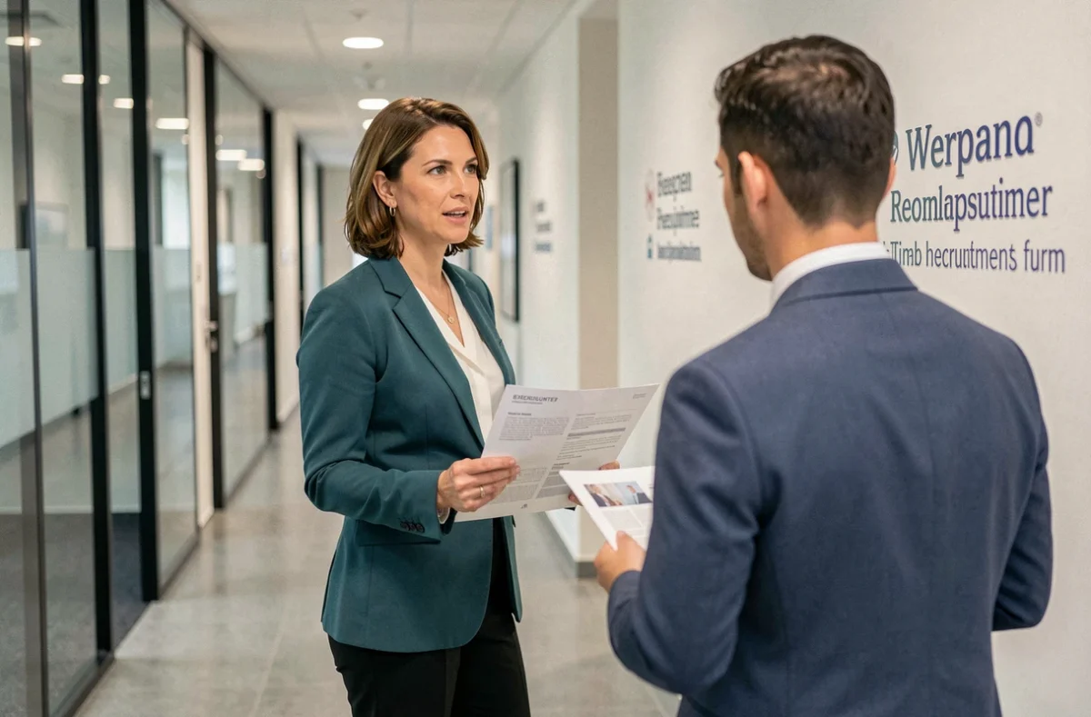 Consultant Randstad Search en approche directe discutant d'une opportunité de recrutement permanent avec un cadre