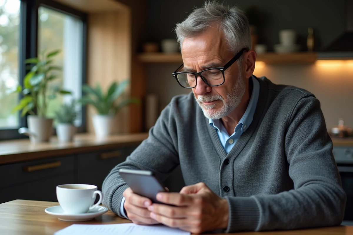 Homme recherchant des avis sur un service de transfert d'argent depuis son t&eacute;l&eacute;phone, illustrant la v&eacute;rification des risques avant d'utiliser INFINITE Remit Services