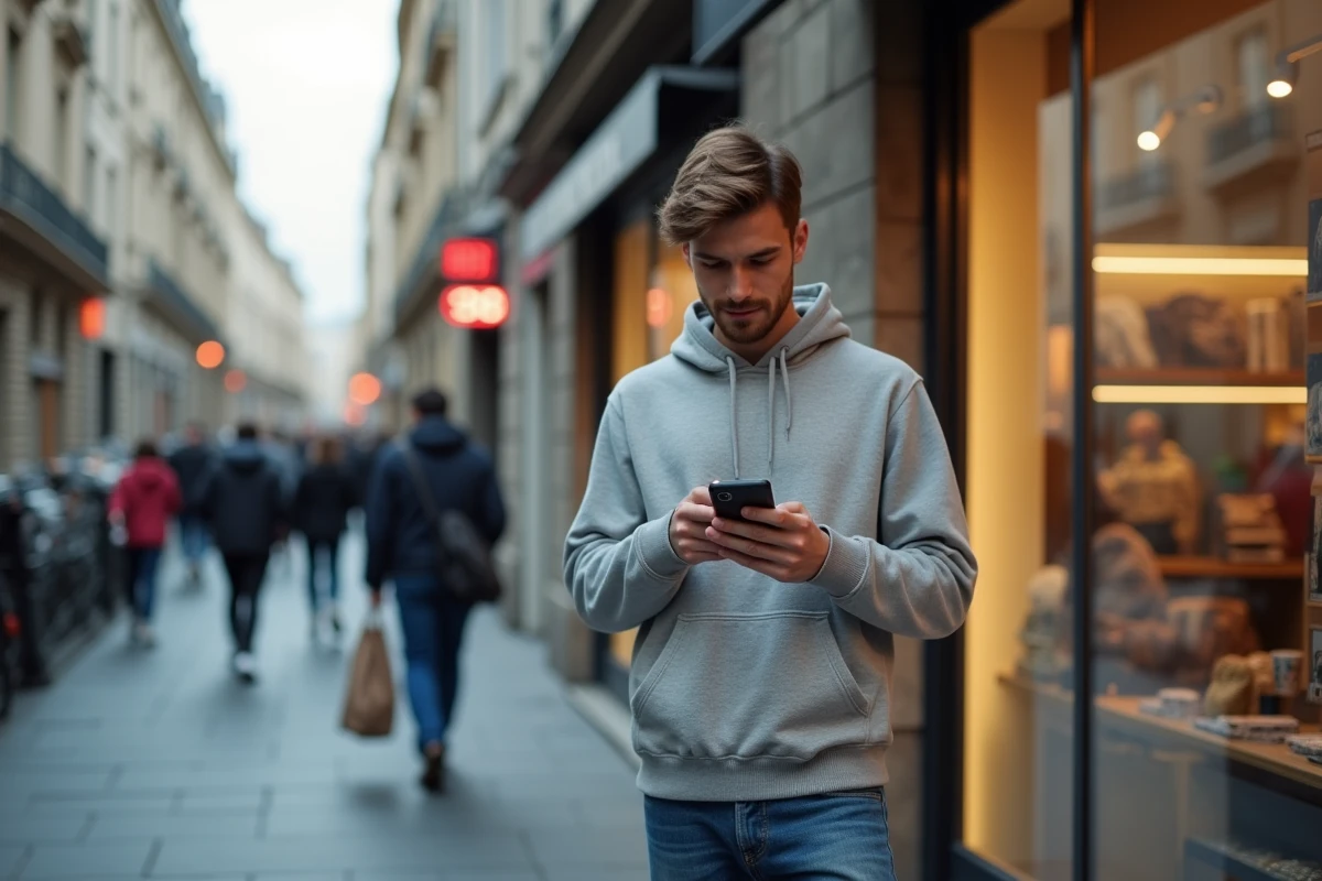 Jeune homme cherchant le numéro de contact Orange sur son téléphone dans une rue urbaine