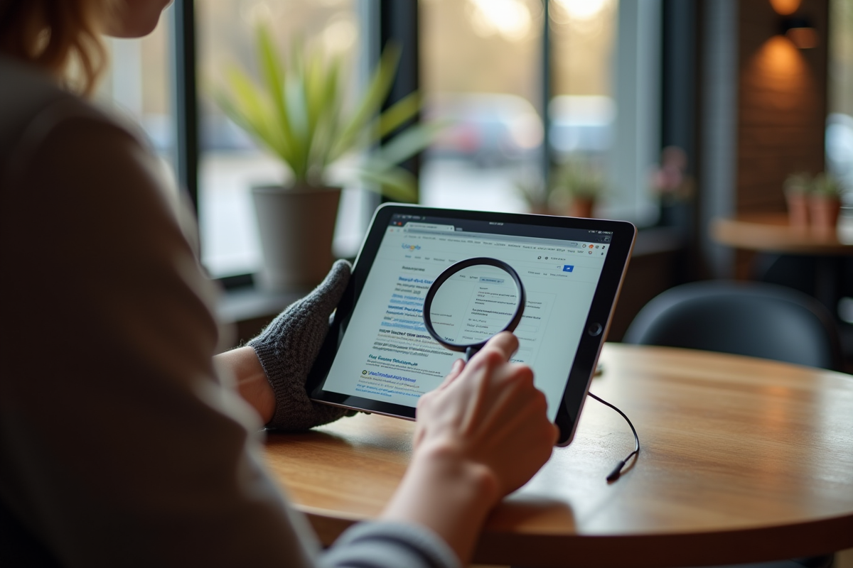 Personne tenant une loupe sur une page de résultats de recherche sur tablette