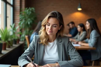 Femme en reconversion professionnelle prenant des notes dans un espace de coworking après un licenciement économique