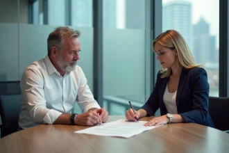 Homme et femme d'affaires examinant un contrat de travail lors d'une réembauche après licenciement pour faute grave