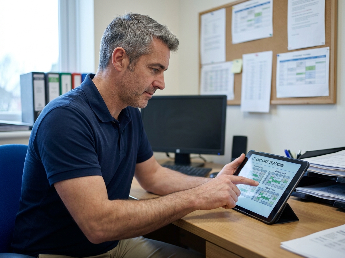 Responsable formation utilisant une tablette numérique pour gérer les présences et la rotation des groupes en formation