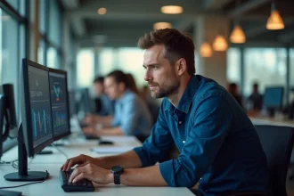 Responsable IT analysant une architecture cloud sur plusieurs écrans dans un open-space moderne d'entreprise