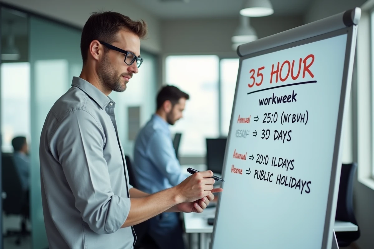 Responsable RH calculant le nombre de jours travaillés par an en entreprise sur un tableau blanc