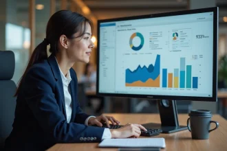 Responsable RH utilisant une plateforme de gestion des ressources humaines sur ordinateur dans un bureau moderne