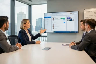 Responsable RH présentant la plateforme People Doc côté employeur à une équipe en salle de réunion
