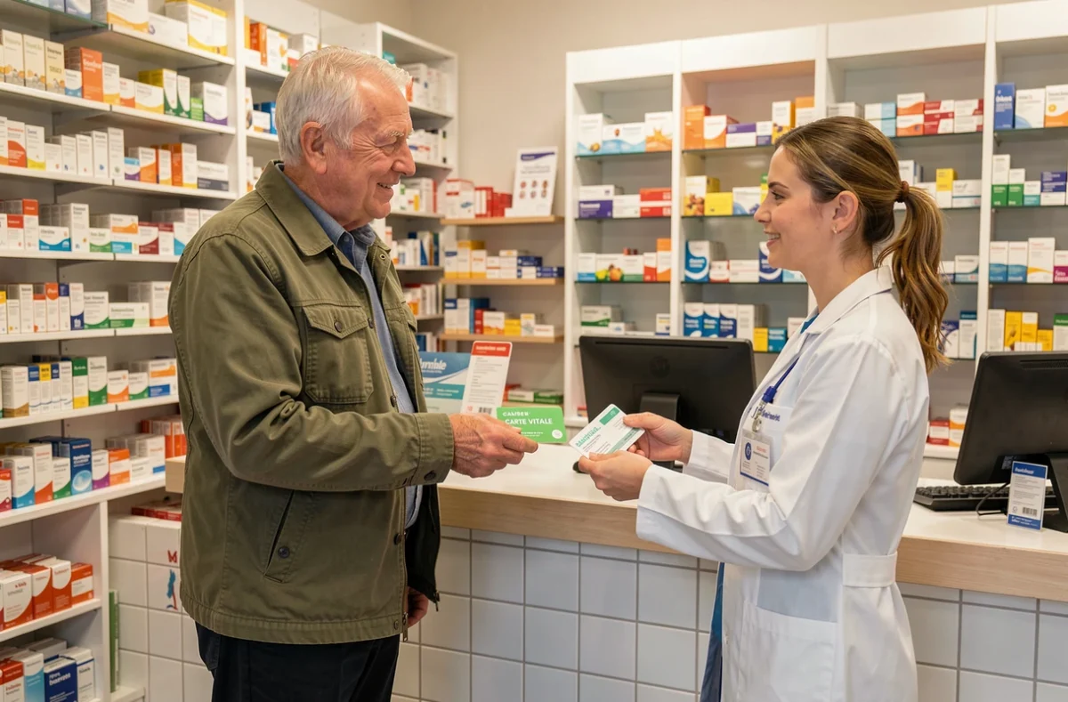Retraité MAAF présentant sa carte d'assurance complémentaire santé en pharmacie