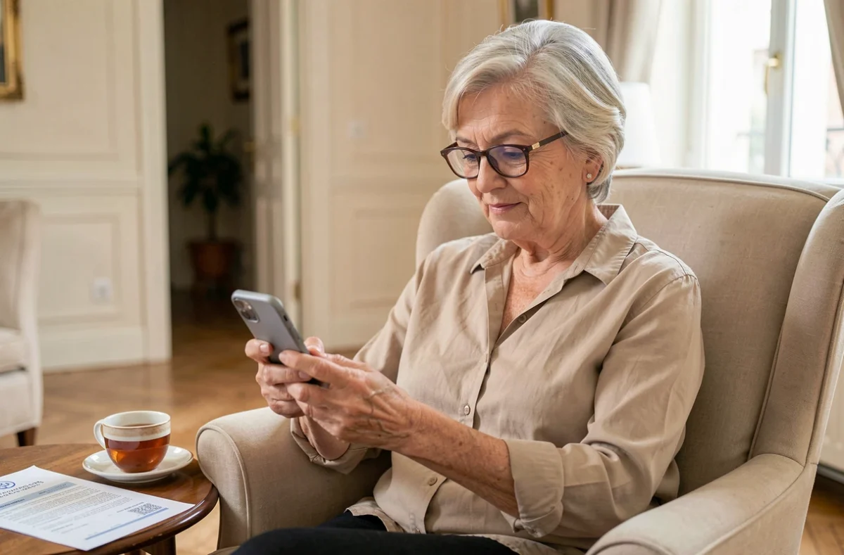 Femme retraitée consultant ses avantages Cemaaf sur smartphone