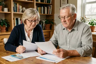 Couple de retraités consultant leurs documents d'assurance MAAF à la maison