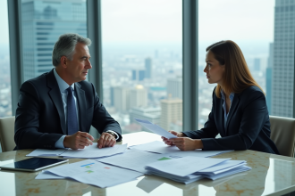 Homme et femme d affaires en réunion avec documents financiers