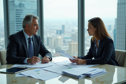 Homme et femme d affaires en réunion avec documents financiers