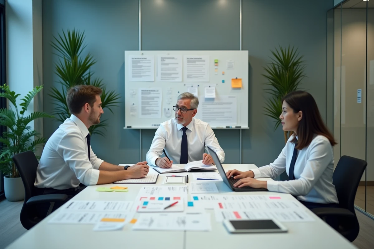 R&eacute;union d'audit de conformit&eacute; avec trois professionnels autour d'une table de conf&eacute;rence couverte de rapports r&eacute;glementaires