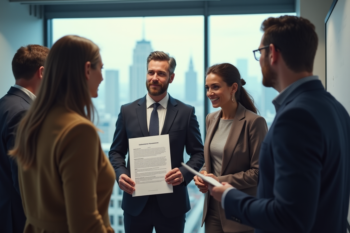 Groupe de collègues présentant une circulaire interne en réunion