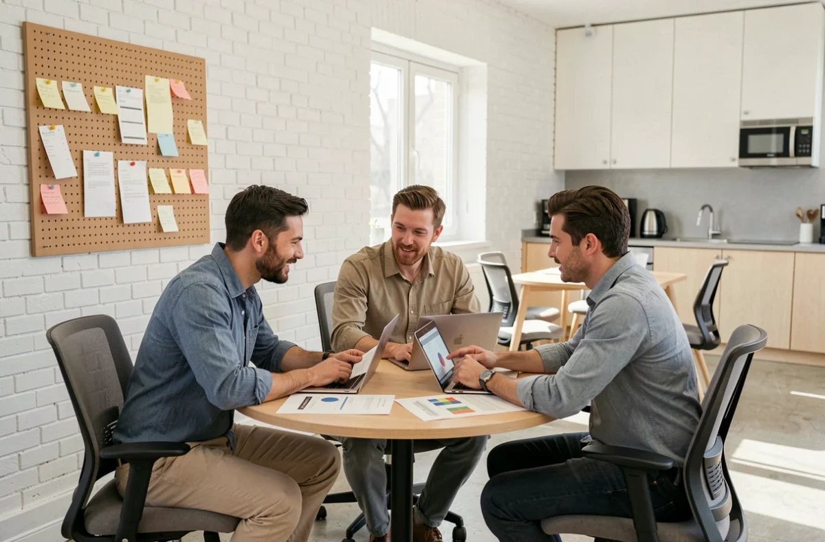 Groupe de professionnels en réunion collaborative dans un espace de coworking à Paris 13