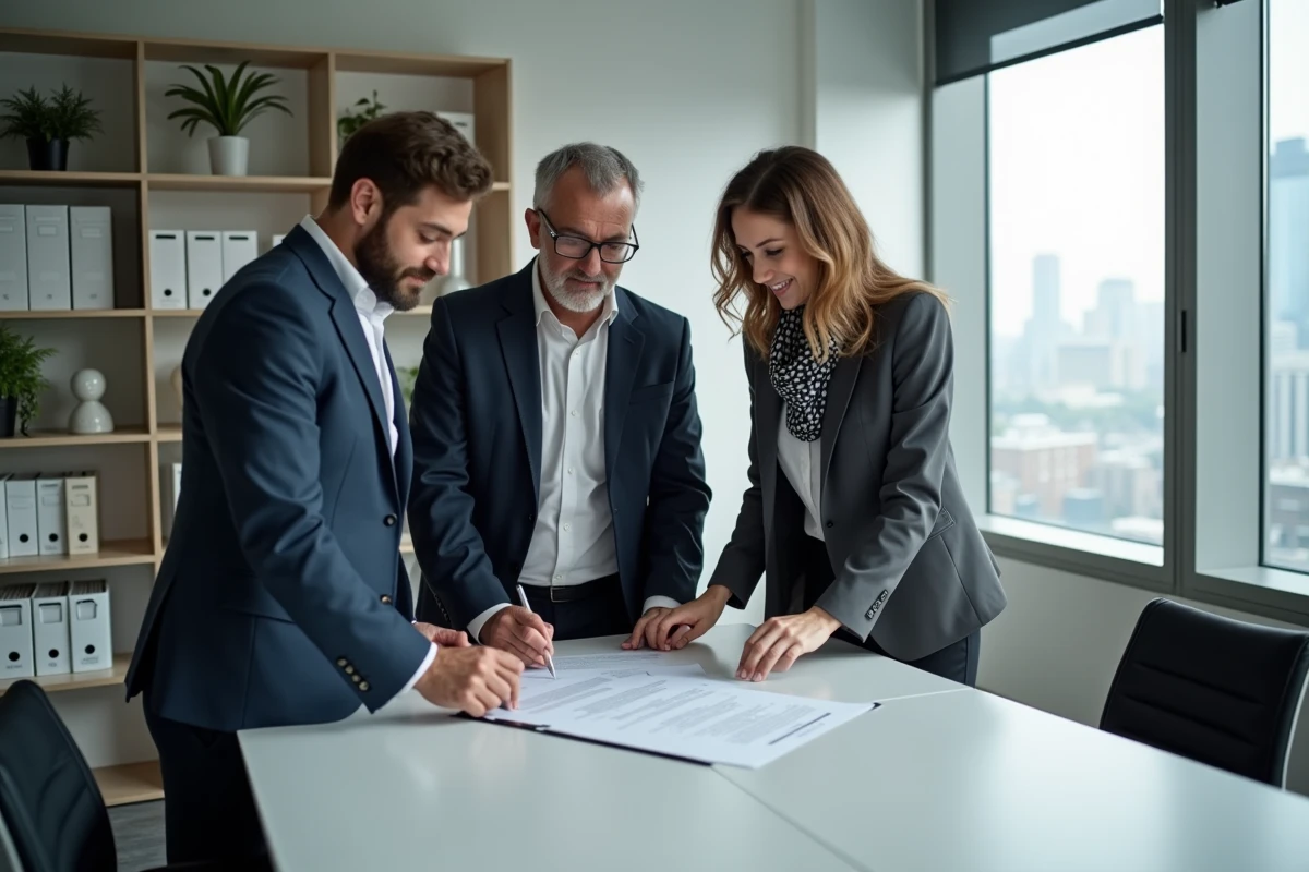 Trois professionnels examinant un contrat dans une salle de réunion