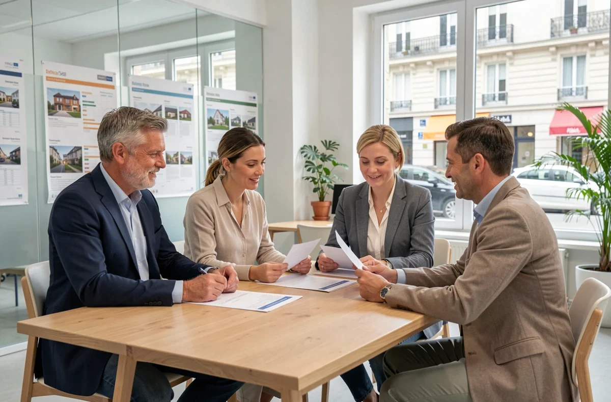 Réunion entre experts immobiliers et propriétaires autour de documents d'expertise dans une agence immobilière moderne