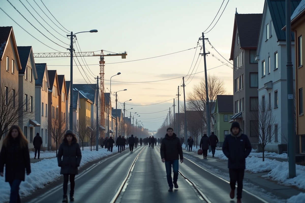 Ville de Reykjavik avec bâtiments et passants inquiets