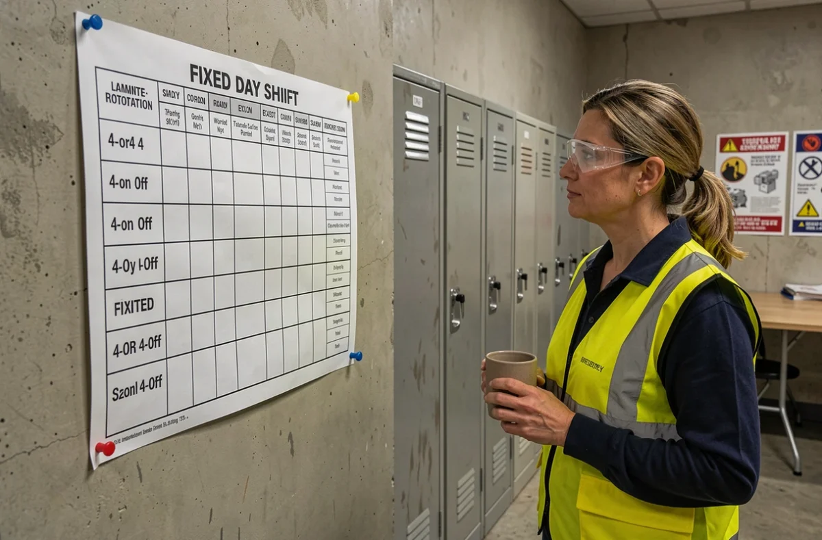 Une technicienne en gilet haute visibilité consulte un planning de rotation lente 4 jours / 4 jours affiché en salle de pause industrielle