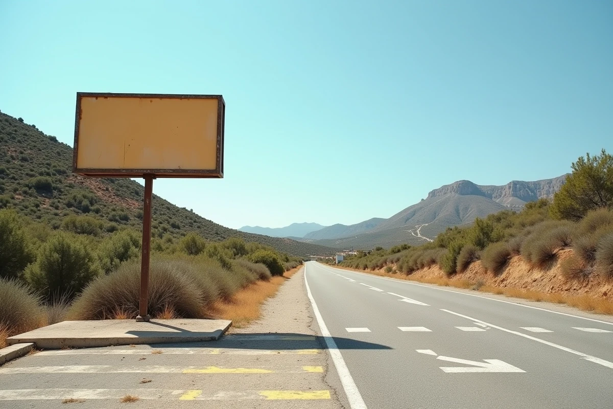Route nationale corse avec panneau commercial isolé entouré de maquis méditerranéen, absence de fast food en Corse