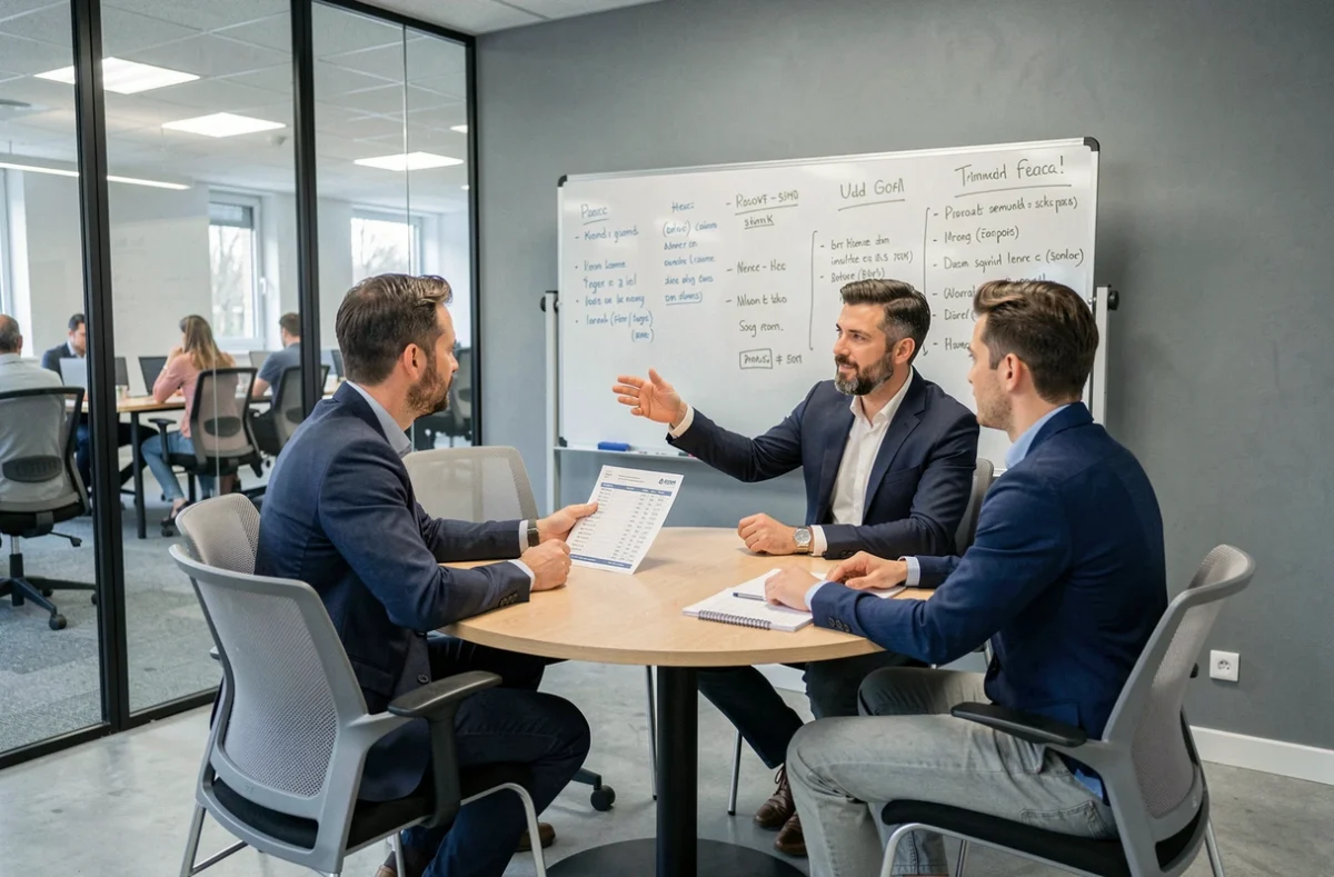 Réunion d'équipe dans une salle de coworking à Poissy avec tableau blanc et tarifs affichés