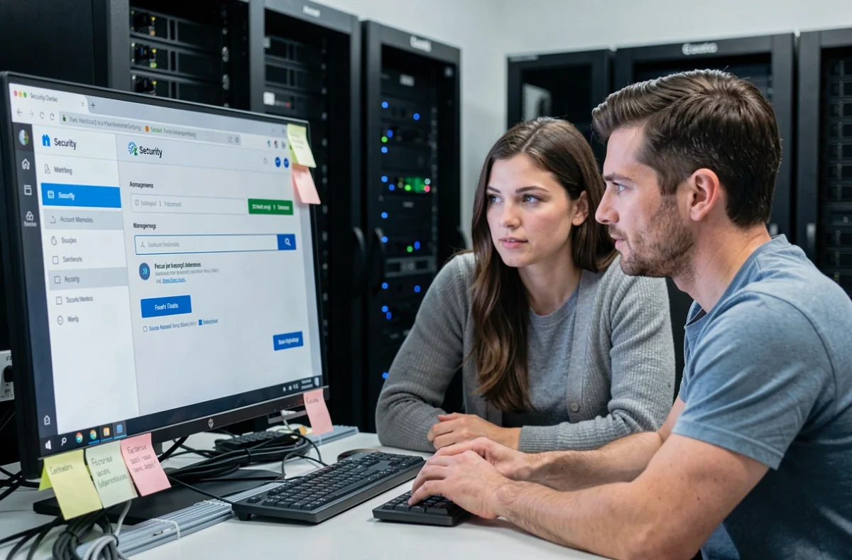 Deux collègues informaticiens vérifiant les paramètres de sécurité et d'authentification d'un compte partenaire Smartbox