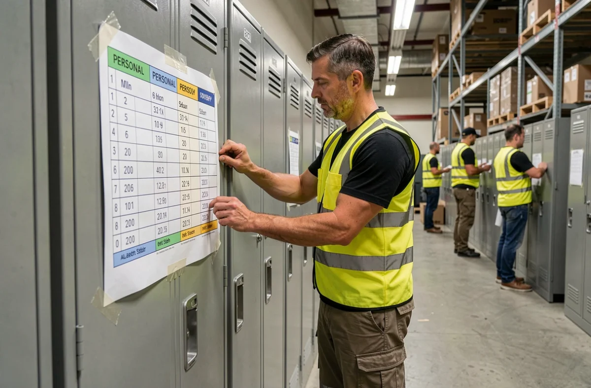 Un agent logistique consulte son planning de semaine compressée 3 x 12 h et 1 x 6 h affiché sur son casier dans un entrepôt