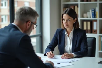 Signature d'une rupture conventionnelle entre une employée et un responsable RH autour d'un bureau en entreprise