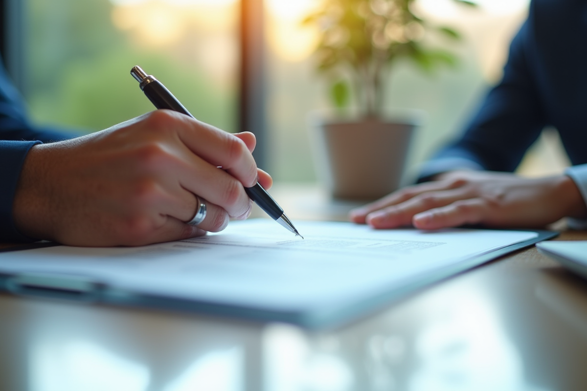 Mains signant un formulaire de renonciation dans un bureau moderne