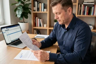 Consultant en portage salarial analysant sa fiche de paie nette sur son bureau à domicile