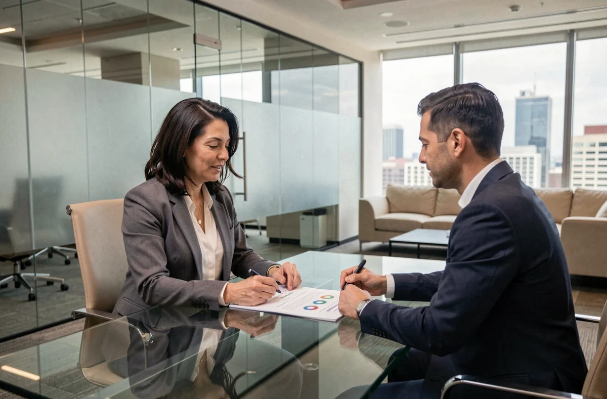 Femme consultante en portage salarial discutant d'une simulation de salaire net avec son conseiller
