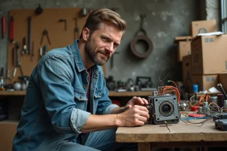 Homme en atelier DIY assemblant un dispositif bricolé avec des composants récupérés, illustrant le système D et l'innovation quotidienne