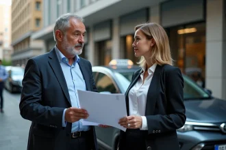 Homme d'âge moyen avec licence taxi et femme en discussion
