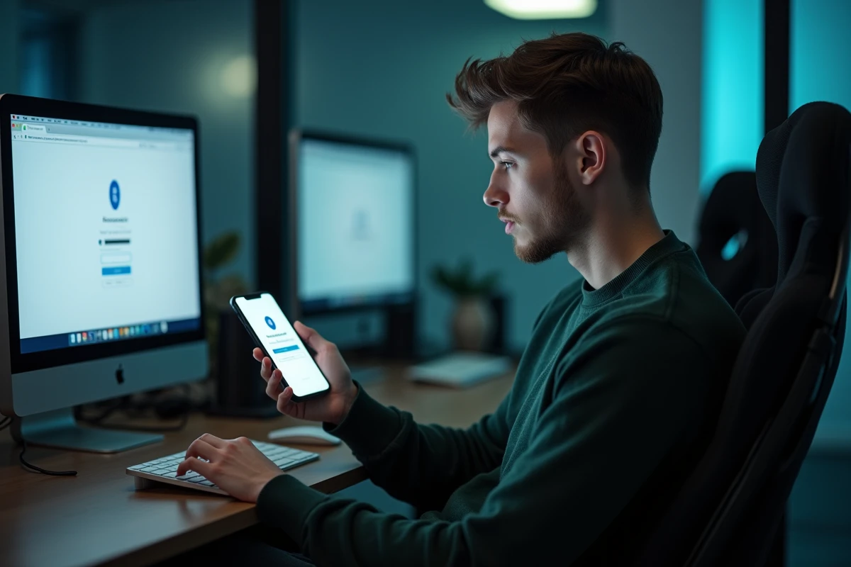 Technicien support informatique vérifiant l'authentification à deux facteurs sur smartphone pour résoudre un problème de connexion