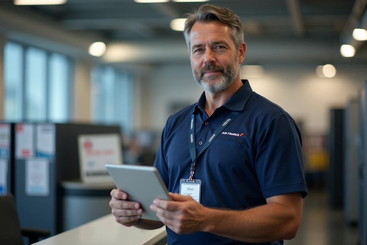 Technicien sol Air France consultant l'intranet sur une tablette dans une zone opérationnelle d'aéroport