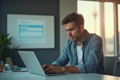 Employe inquiet regardant message anonyme sur son ordinateur