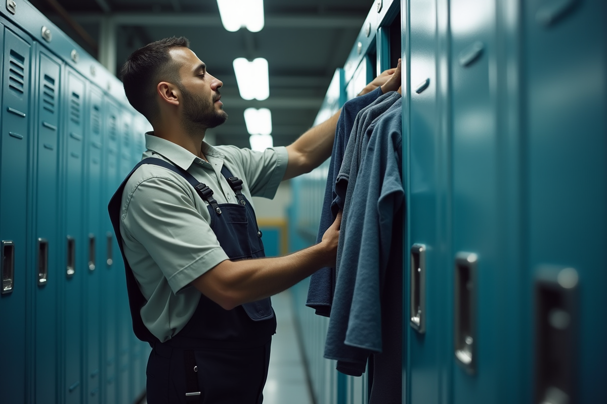Ouvrier rangeant ses vêtements dans un vestiaire industriel