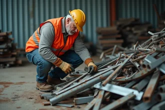 Ouvrier triant des métaux ferreux et non ferreux dans un centre de recyclage Derichebourg