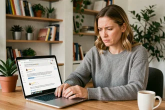 Femme vérifiant la fiabilité des avis clients en ligne sur un ordinateur portable dans un bureau à domicile