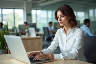 Femme d'affaires vérifiant les informations d'un fournisseur sur une plateforme de données entreprises type Pappers