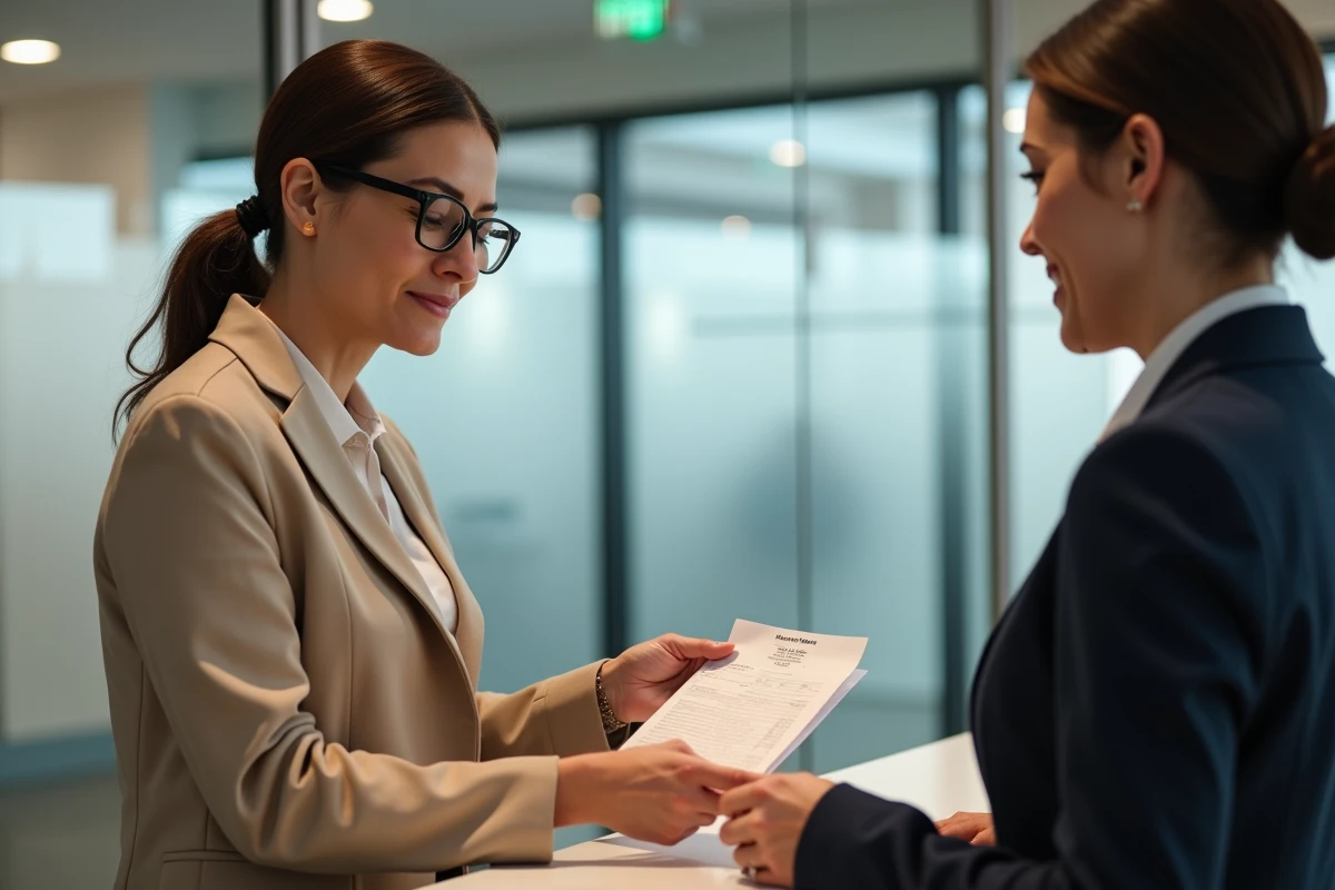 Femme v&eacute;rifiant un re&ccedil;u de transfert de fonds au guichet d'une banque, symbolisant la vigilance face aux risques des services de remise d'argent