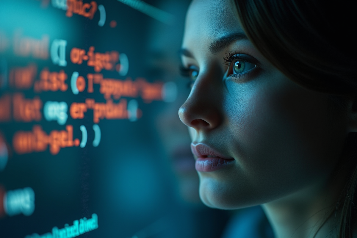 Visage humain reflechi dans un écran affichant du code IA