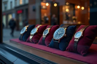 Vitrine d'une boutique de montres de luxe avec plusieurs montres haut de gamme sur coussins de velours, représentant différentes maisons du groupe Richemont